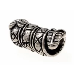 Beard Bead With Runes And Wolf Heads, Silvered