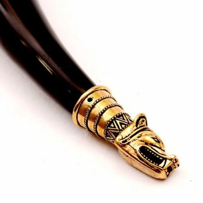 Drinking Horn Decoration With Wolf Head, Brass